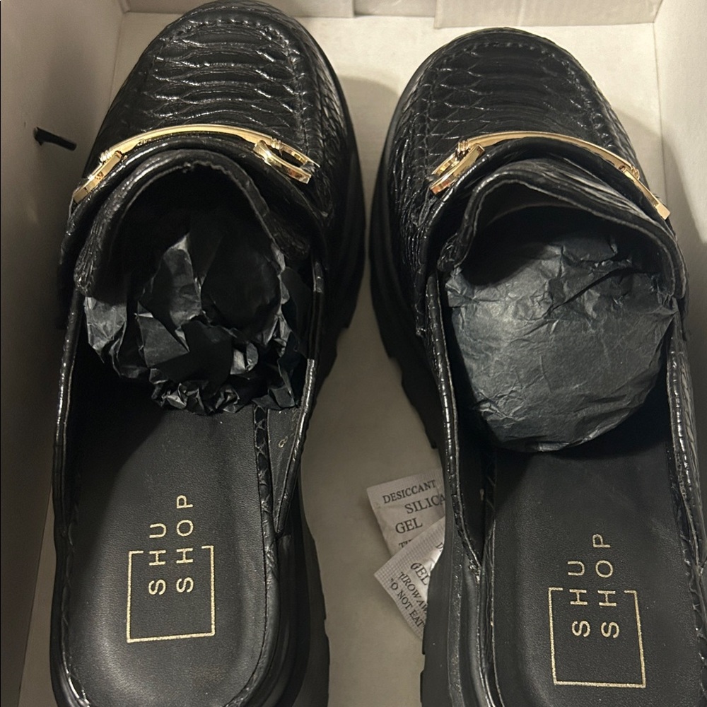 ShuShop Black Leather Platform Loafers with Gold Accent Hardware